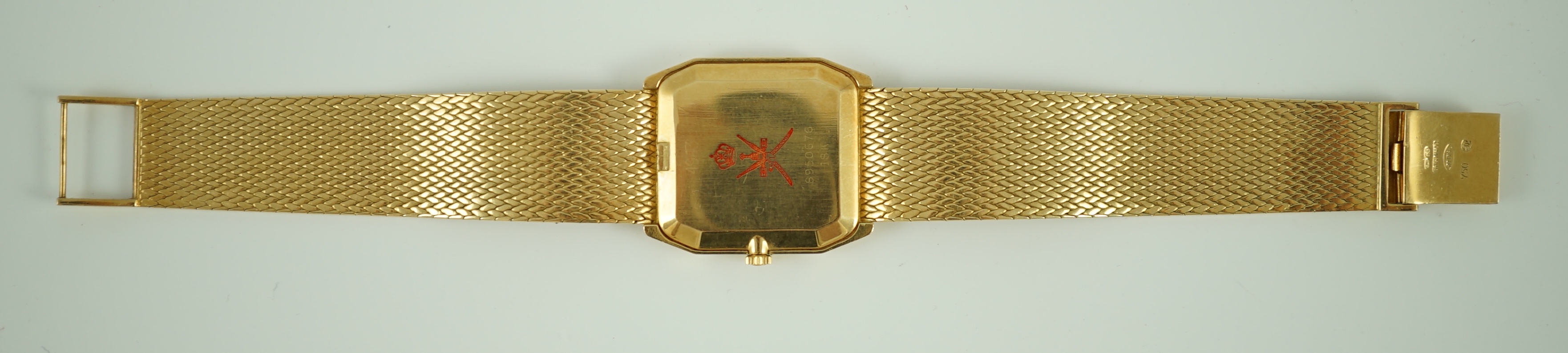A gentleman's 1980's 18ct gold Rolex Cellini manual wind dress octagonal wrist watch, on 18ct gold Rolex bracelet embossed with the word 'Rolex'